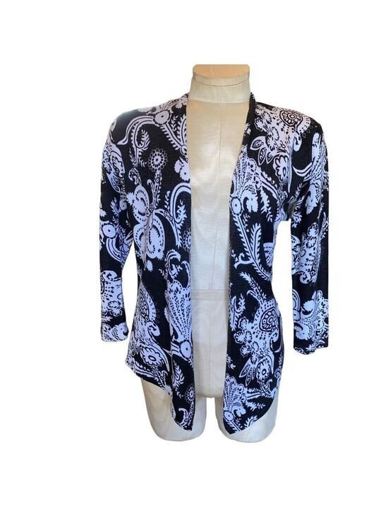 Cache Sweaters - Cache Open Front Paisley Black and White Hi Low Point Cardigan Size Small